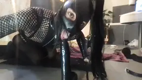 caged sissy with mask gaping after dildo ride