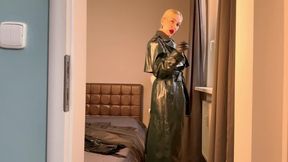 Leather goddess tries on her leather coats