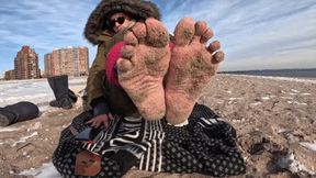 Dirty, sandy feet on snowy beach, NYC feet, Coney Island beach, size 9 milf feet, toesock and boot removal and walking