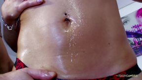 Fitness instructor gets oiled up and shows off her perfect tits and booty before sex