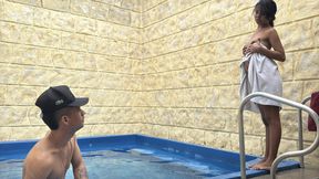 My stepsister catches me sticking my big cock into a hole in the pool and we end up fucking.