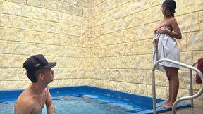 My stepsister catches me sticking my big cock into a hole in the pool and we end up fucking.