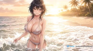 Hermosa chica en la playa al atardecer mojada en bikini