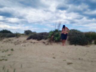 stripped pathetic white thrall, fag in knob cage, striptease and proudly present collar, leash, sex tool play at the homo beach, CMNM