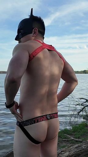 Asian Muscle God Strips Bare by the Lake - Ripped Physique on Full Display & Massive Load