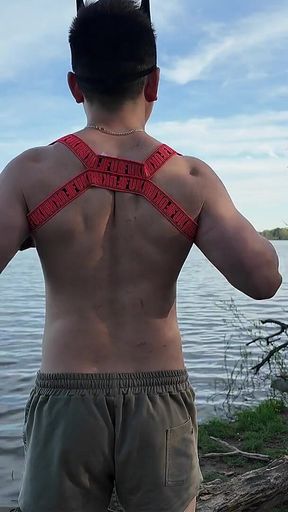 Asian Muscle God Strips Bare by the Lake - Ripped Physique on Full Display & Massive Load
