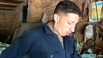 Mechanic Crixxx Nie takes Nico Ruiz up on his offer to have his cock sucked hard