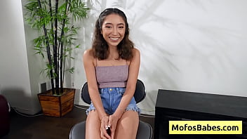 Sexy petite Amber Summer rub her juciy bald pink pussy in front of Charles Dera