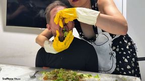 Dominant Feeder Keeps Stuffing His Mouth with Salad (Full video, no blur)