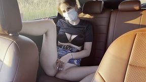 Shameless Russian bimbo fingers cunt at the back sit of the taxi