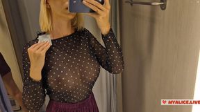 Modeling see-through outfits in the fitting room  Show off my chest in a public setting