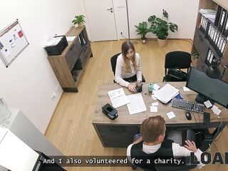 LOAN4K. Blond Maya with large melons is banging a bank worker on the office chair during the time that his colleague i