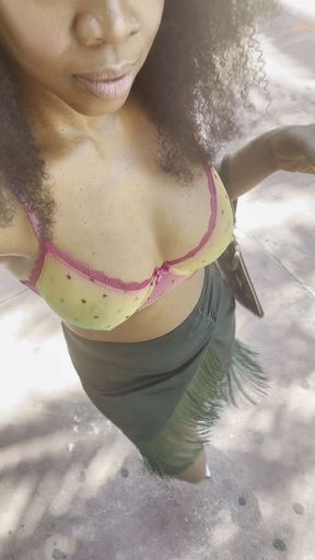 SEXY EBONY WALKING AROUND MIAMI IN CUTE BRA