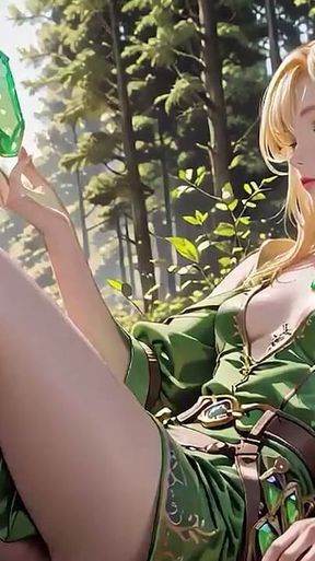 Forest Elf Queen! Kneeling in the Dappled Sunlight, Her Fingertips Tracing the Staff as She Gets Wet.