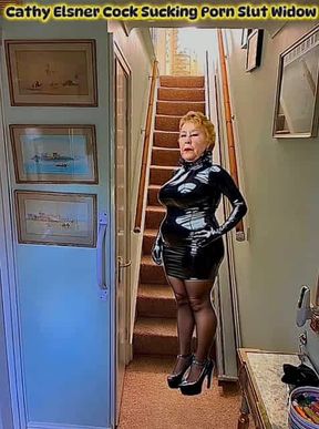 Cathy Shiny Plastic PVC Very Tight Skirt High Heels Stockings Slut Granny Fetish Porn Slut Costume Clothing Stretched Around Cathy’s Shapely Arse Video With Cathy Filmed At Home Walking Up Her Stairs in Her Very Tight Shiny Plastic PVC Dress