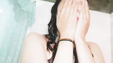 Eating her best friend's pussy in the bathroom