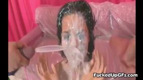 Brunette Latina takes multiple cocks in a hardcore bukkake