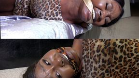 Ebony beauty hogtied and scarf gagged in leopard print (mp4)