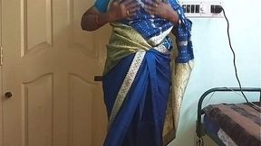 Indian wife's big tits and shaved pussy get pounded hard in blue saree!