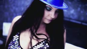 Klara hope tease - Sequin Blue Hat Tease - soft teasing, confident presence, big tits, big ass tease, powerful presence, confident tease, brunette long hair, dominatrix vibe, heels, elegant outfit, body presentation and tease and denial