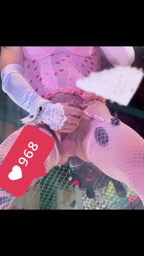 Pink Stocking Lingerie Shemale Riding Black Dildo on the Wall