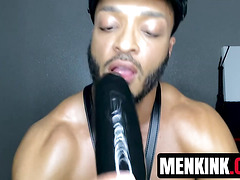 BLACK Dillon Diaz uses leather gloves to stretch his ass and milk his dong