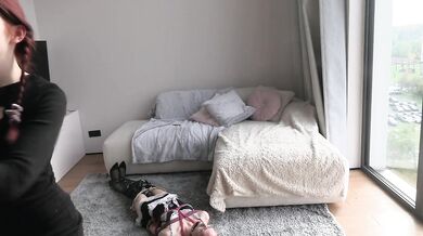 Lady Mononoke and ductaped slut maid loud cumming, feet on face, strapon deepthroat