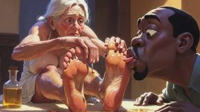 Old Granny Foot Worship - Man Licking Oiled Wrinkled Soles