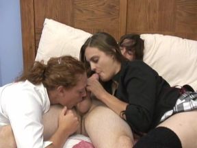 One lucky guy gets two innocent girls to suck his cock