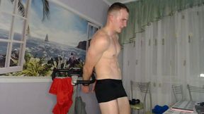 Alex Dzuba in Black Boxers Underwear Escaping from Handcuffs