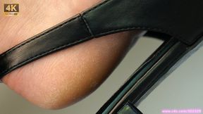 Foot and sandal fetish admiration, dangling and amazing feet colse-up, lovely bare heel soles.