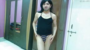 Sexy sissy crossdresser femboy trying out crop top and thong.