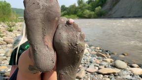 Goddess Shows You Her Messy Nylon Feet Close Ups in Torn Pantyhose on the River Bank