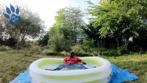 Baggy Pup cooling down in pool (with sneakers and cumshot)