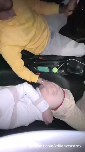 Cruising married uber driver fucks teen twink's mouth and cums in his mouth and swallows cum in the car in public