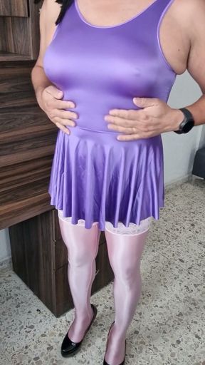 Modeling My Sexy Purple Dress, Now with Red Satin Panties and Using a Vibrator for More Pleasure