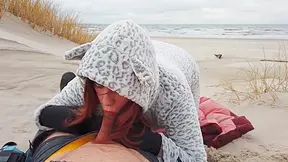 Ginger Redhead Amateur Public Cold Winter Beach Blowjob Cim & Cum Swallow