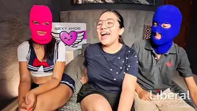 Amateur girl tries her first video while wearing a mask, feeling free