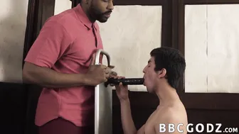 Twink sucks black cock before interracial bareback fuck