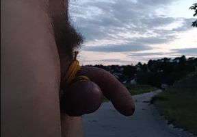 I am walking naked in the vineyards just about 100m away from the houses of my village. I am cumming before I get clothed.