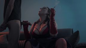 spitting blowjob smoking milf - dominant bitch in glasses & leather gloves edges & bites cock