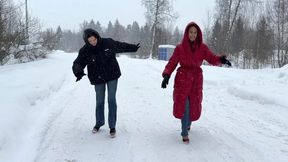 Heelless shoes on ice, girls on ice, slippery shoes, high heels sliding on ice, Zanotti on ice