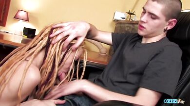 Redhead with dreads wears black stockings and gets penetrated hard