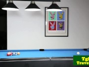 Busty trans trap tugs hard cock on pool table