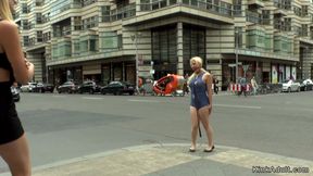 Very Busty petite blond gangbang in public