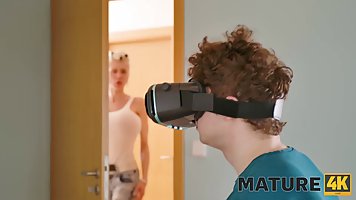 Huge boobs blonde MILF Tanya Virago caught stepson watching VR porn