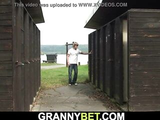 Blond granny rides stranger's weenie on public