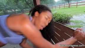 Public Park Personal Trainer welcomes her black cock sucked by her lesbian gym buddy