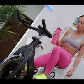 Hot futa brunette explodes with cum in the gym