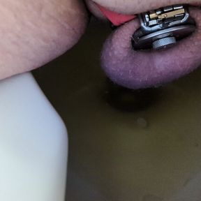 Pissing in Flat cage with a fat Innie cylinder